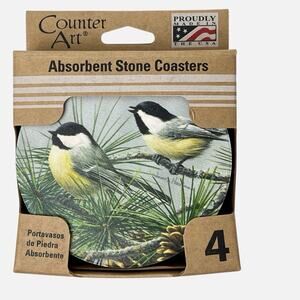 Coasters Set 4 Counter Art Chickadee Birds Pine Tree Absorbent Stone Cork Back